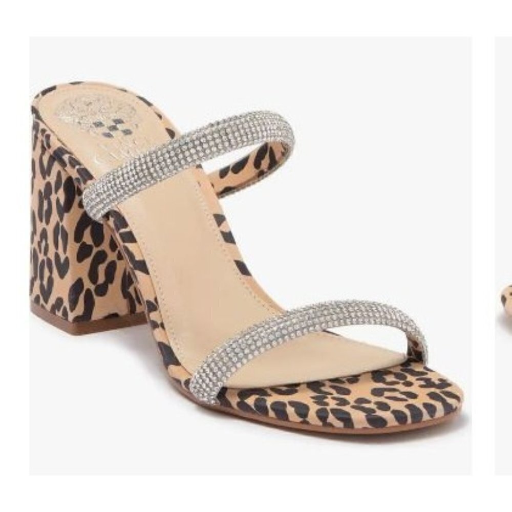 Vince Camuto Womens Leather Black Leopard Crystal Embellished Sandals Sz 8.5 New